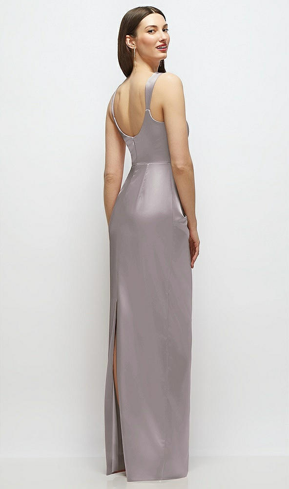 Back View - Cashmere Gray Scoop Neck Draped Column Stretch Satin Maxi Dress