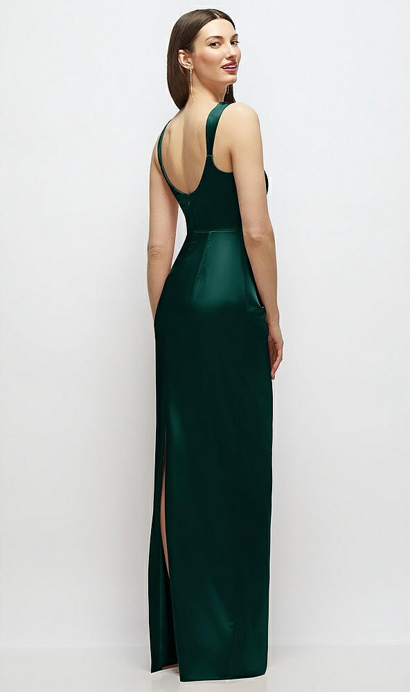 Back View - Evergreen Scoop Neck Draped Column Stretch Satin Maxi Dress