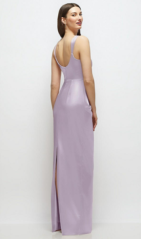 Back View - Lilac Haze Scoop Neck Draped Column Stretch Satin Maxi Dress