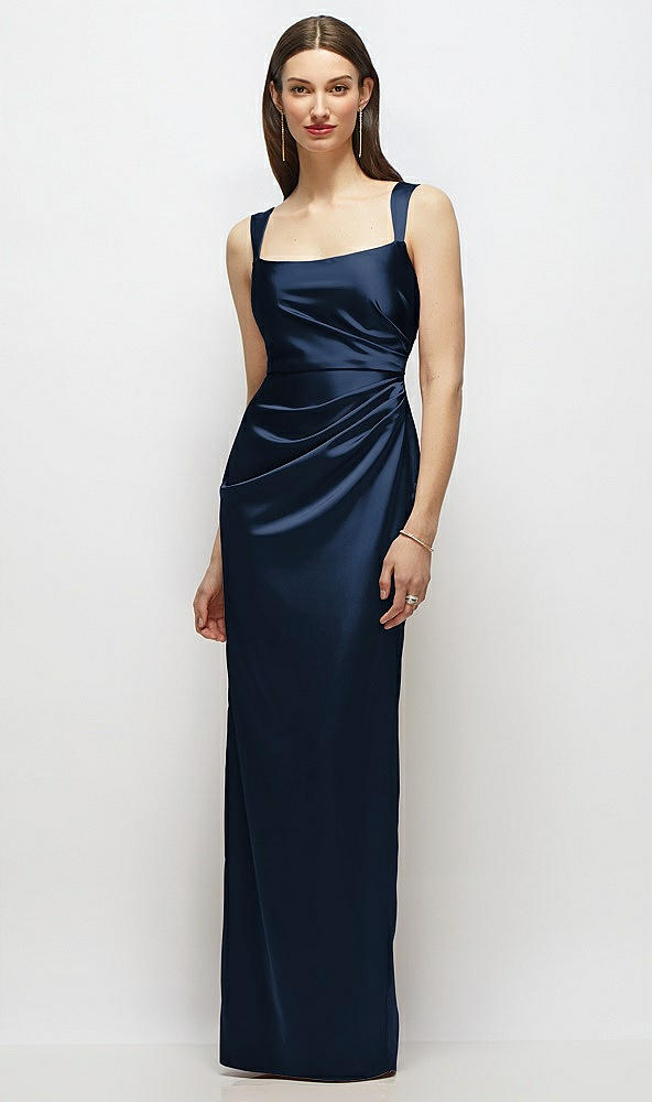 Front View - Midnight Navy Scoop Neck Draped Column Stretch Satin Maxi Dress
