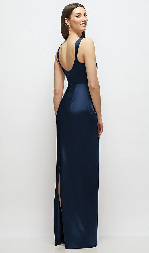 Back View - Midnight Navy Scoop Neck Draped Column Stretch Satin Maxi Dress