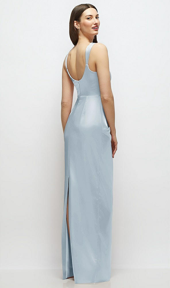 Back View - Mist Scoop Neck Draped Column Stretch Satin Maxi Dress