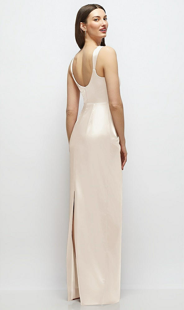 Back View - Oat Scoop Neck Draped Column Stretch Satin Maxi Dress