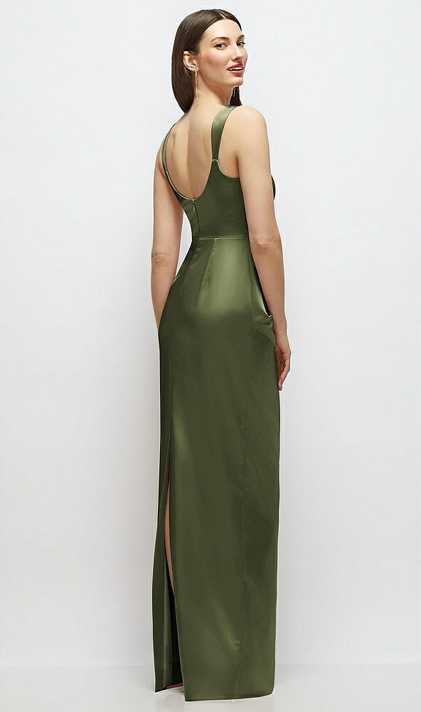 Back View - Olive Green Scoop Neck Draped Column Stretch Satin Maxi Dress