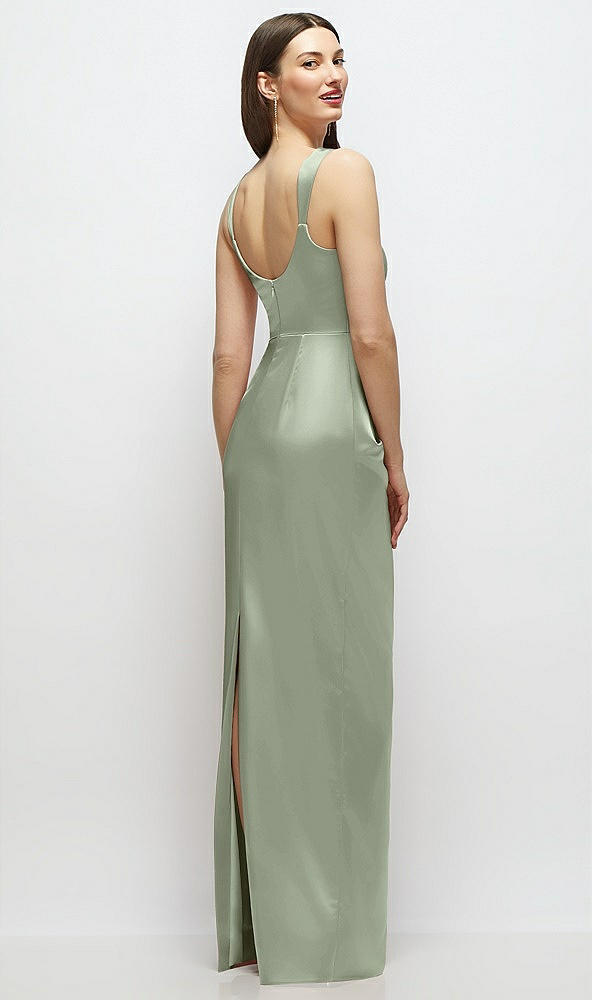 Back View - Sage Scoop Neck Draped Column Stretch Satin Maxi Dress