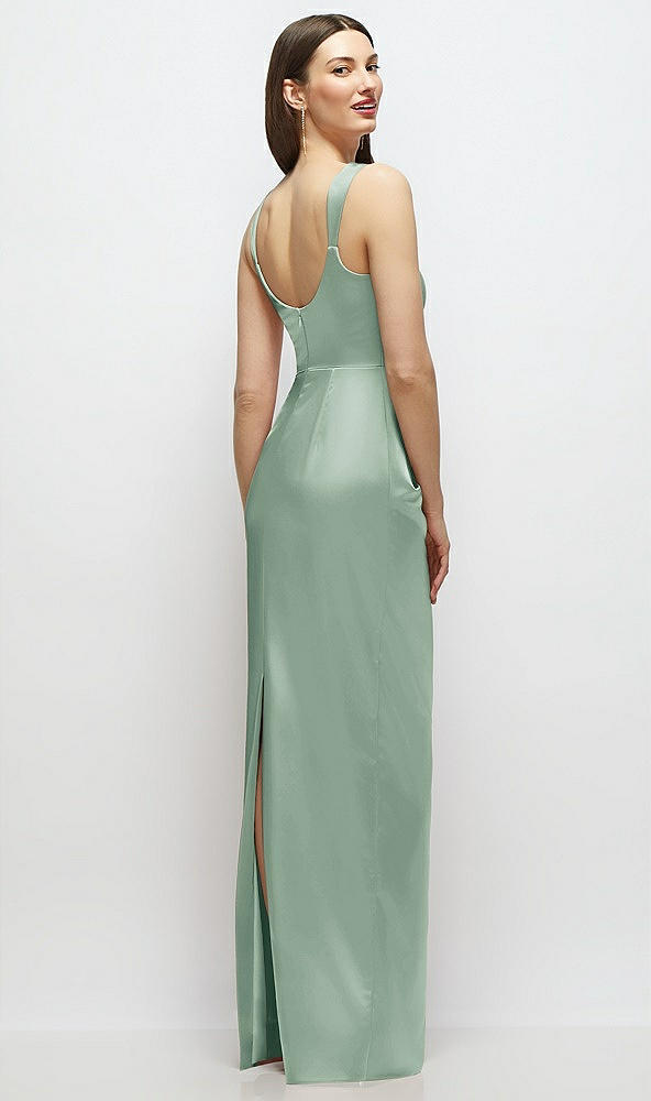 Back View - Seagrass Scoop Neck Draped Column Stretch Satin Maxi Dress