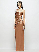 Side View Thumbnail - Toffee Scoop Neck Draped Column Stretch Satin Maxi Dress