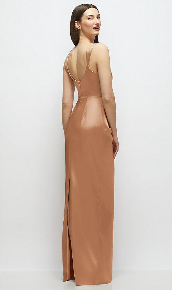 Back View - Toffee Scoop Neck Draped Column Stretch Satin Maxi Dress