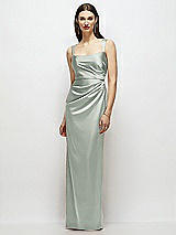 Front View Thumbnail - Willow Green Scoop Neck Draped Column Stretch Satin Maxi Dress