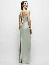 Rear View Thumbnail - Willow Green Scoop Neck Draped Column Stretch Satin Maxi Dress