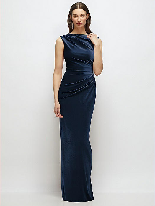 High-Neck Cap Shoulder Pleated Bodice Velvet Column Maxi Dress