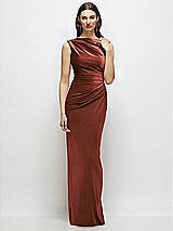Front View Thumbnail - Auburn Moon High-Neck Cap Shoulder Pleated Bodice Velvet Column Maxi Dress