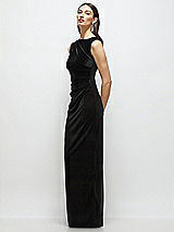 Side View Thumbnail - Black High-Neck Cap Shoulder Pleated Bodice Velvet Column Maxi Dress