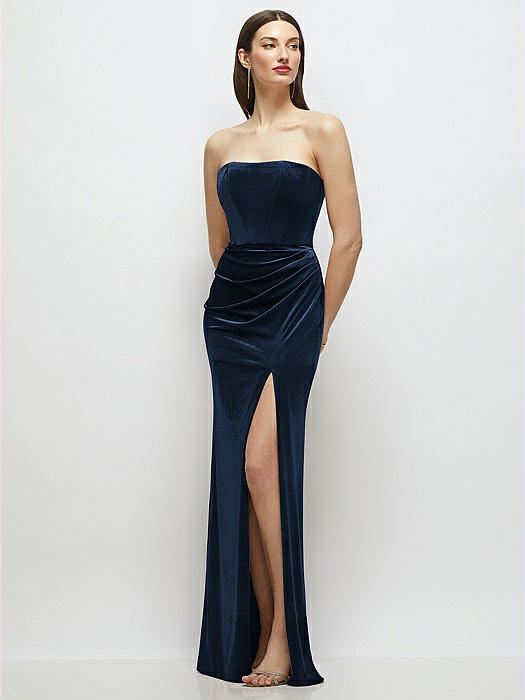 Strapless Corset Bodice Velvet Column Maxi Dress