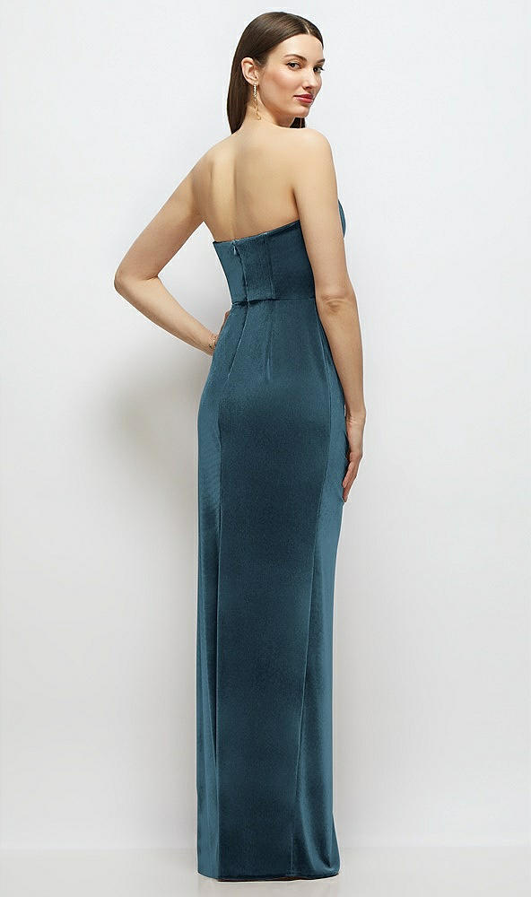 Back View - Dutch Blue Strapless Corset Bodice Velvet Column Maxi Dress