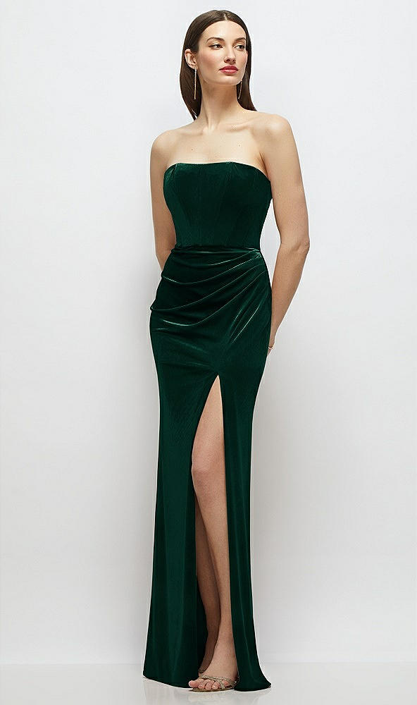Front View - Evergreen Strapless Corset Bodice Velvet Column Maxi Dress