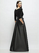Rear View Thumbnail - Black 3/4 Sleeve Wrap Bodice Full Skirt Black Velvet and Satin Dress with Sash