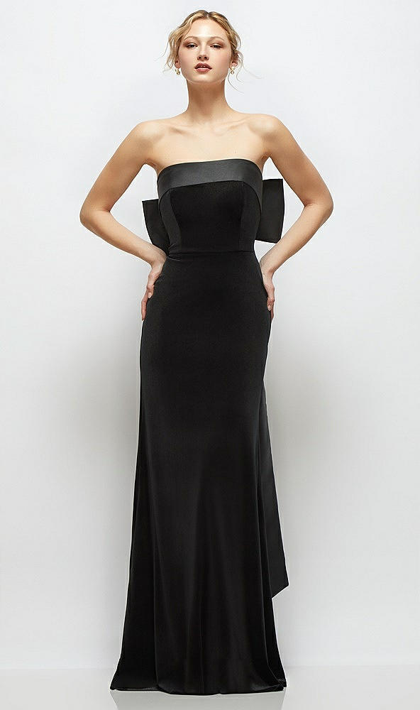 Front View - Black Black Velvet Maxi Dress with Strapless Satin Cuff & Long Bow at Back