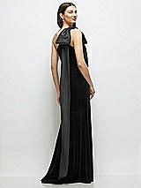Rear View Thumbnail - Black One-Shoulder Black Velvet Maxi Dress with Large Trailing Satin Bow