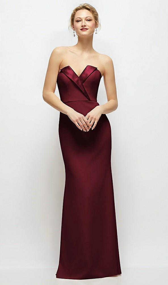 Front View - Cabernet Strapless Crepe Tuxedo Gown with Satin Lapels and Buttons