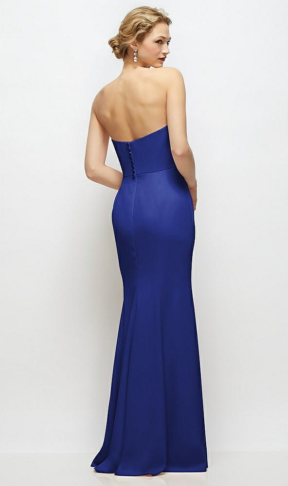 Back View - Cobalt Blue Strapless Crepe Tuxedo Gown with Satin Lapels and Buttons