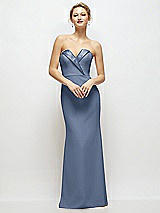 Front View Thumbnail - Larkspur Blue Strapless Crepe Tuxedo Gown with Satin Lapels and Buttons