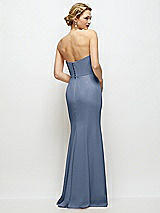 Rear View Thumbnail - Larkspur Blue Strapless Crepe Tuxedo Gown with Satin Lapels and Buttons