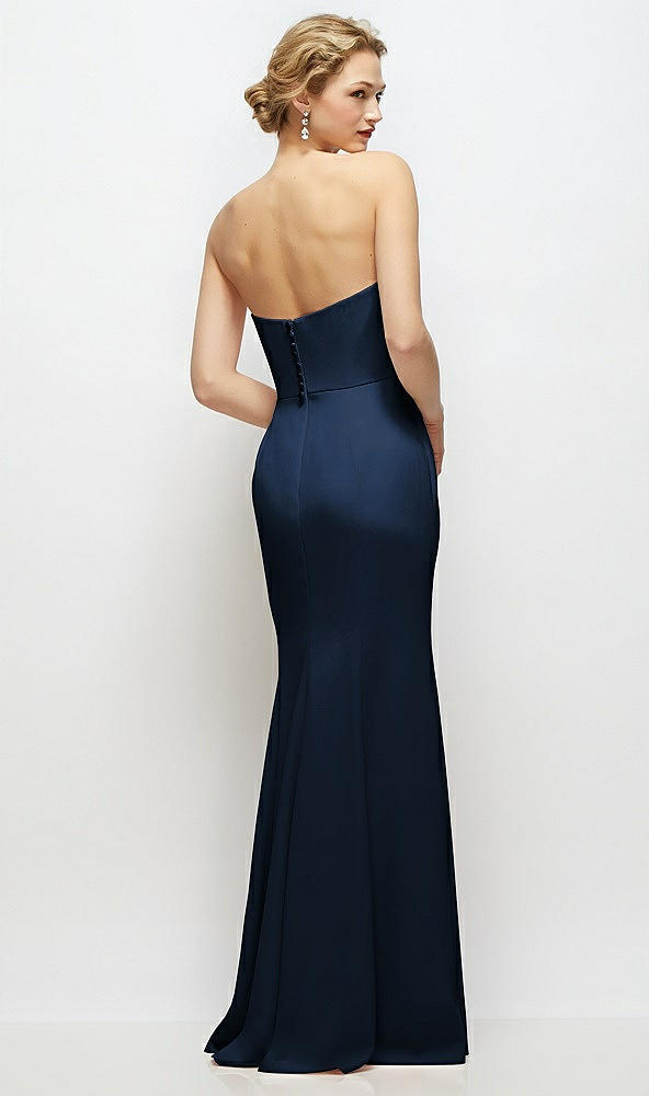 Back View - Midnight Navy Strapless Crepe Tuxedo Gown with Satin Lapels and Buttons