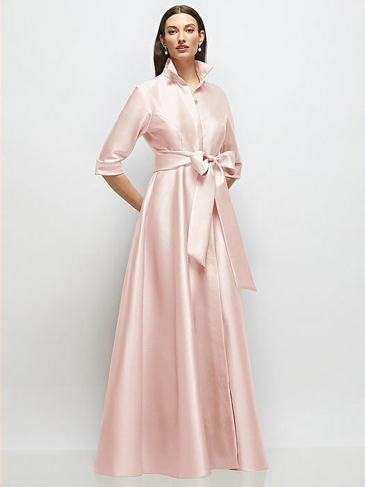 3/4 Sleeve Satin Shirt Dress Gown with Sash and Jeweled Buttons