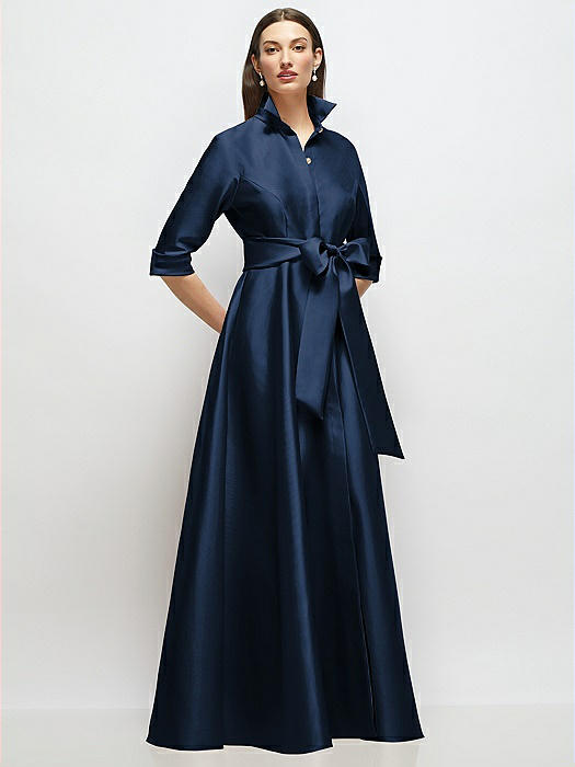 3/4 Sleeve Satin Shirt Dress Gown with Sash and Jeweled Buttons