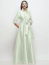 Front View Thumbnail - Mint Green 3/4 Sleeve Satin Shirt Dress Gown with Sash and Jeweled Buttons