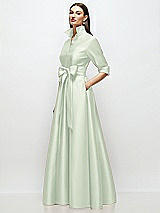Side View Thumbnail - Mint Green 3/4 Sleeve Satin Shirt Dress Gown with Sash and Jeweled Buttons