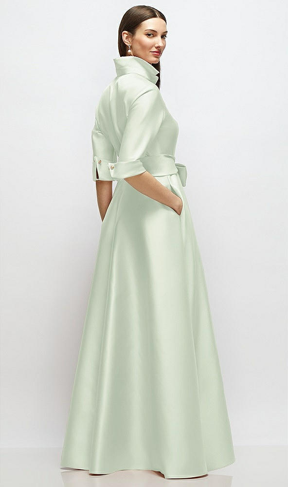 Back View - Mint Green 3/4 Sleeve Satin Shirt Dress Gown with Sash and Jeweled Buttons