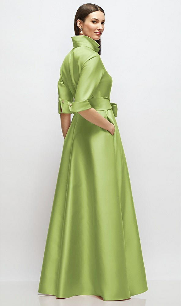Back View - Mojito 3/4 Sleeve Satin Shirt Dress Gown with Sash and Jeweled Buttons