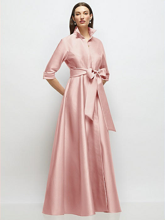 3/4 Sleeve Satin Shirt Dress Gown with Sash and Jeweled Buttons