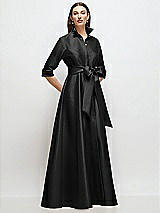 Front View Thumbnail - Black 3/4 Sleeve Satin Shirt Dress Gown with Sash and Jeweled Buttons