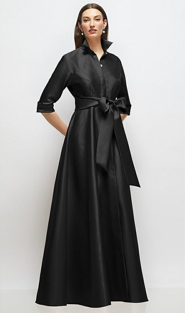 Front View - Black 3/4 Sleeve Satin Shirt Dress Gown with Sash and Jeweled Buttons