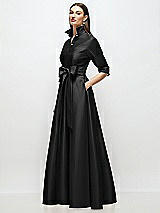 Side View Thumbnail - Black 3/4 Sleeve Satin Shirt Dress Gown with Sash and Jeweled Buttons