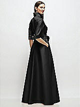 Rear View Thumbnail - Black 3/4 Sleeve Satin Shirt Dress Gown with Sash and Jeweled Buttons