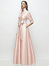 Side View Thumbnail - Blush 3/4 Sleeve Satin Shirt Dress Gown with Sash and Jeweled Buttons
