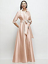 Front View Thumbnail - Cameo 3/4 Sleeve Satin Shirt Dress Gown with Sash and Jeweled Buttons