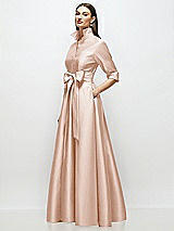 Side View Thumbnail - Cameo 3/4 Sleeve Satin Shirt Dress Gown with Sash and Jeweled Buttons