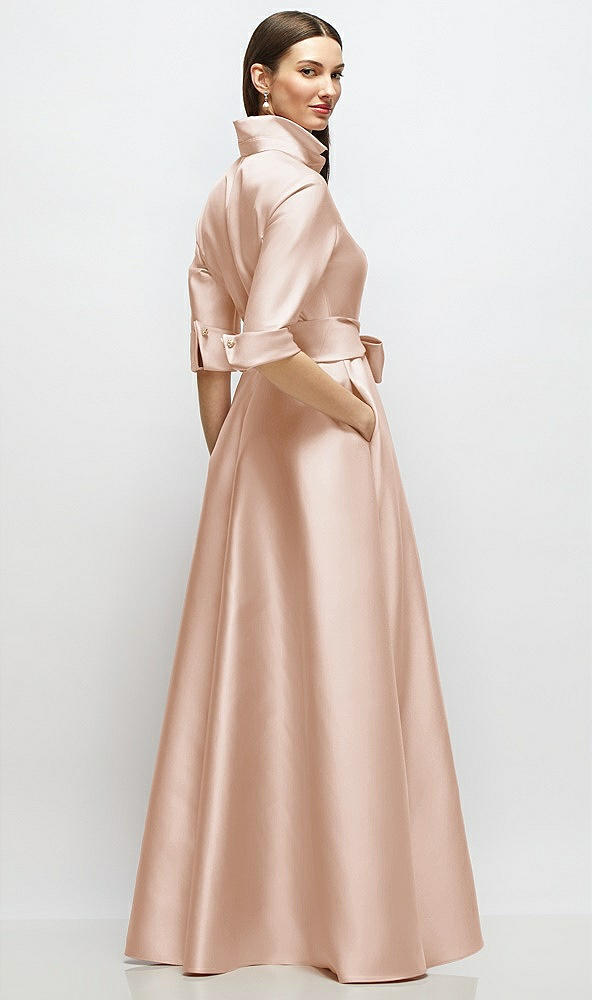 Back View - Cameo 3/4 Sleeve Satin Shirt Dress Gown with Sash and Jeweled Buttons