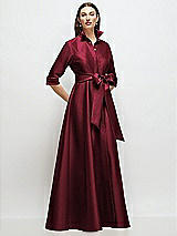 Front View Thumbnail - Cabernet 3/4 Sleeve Satin Shirt Dress Gown with Sash and Jeweled Buttons