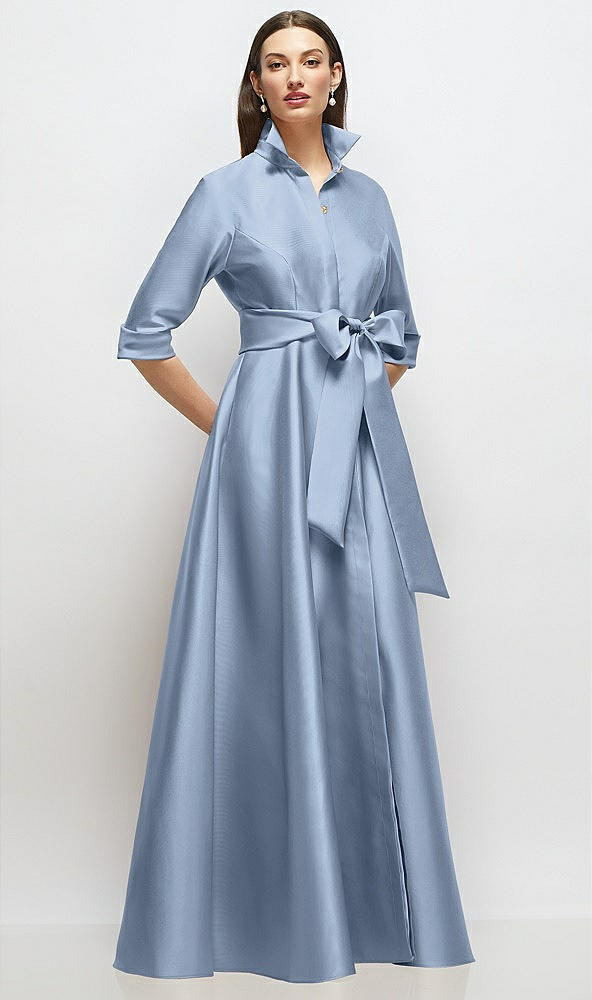 Front View - Cloudy 3/4 Sleeve Satin Shirt Dress Gown with Sash and Jeweled Buttons