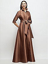Front View Thumbnail - Cognac 3/4 Sleeve Satin Shirt Dress Gown with Sash and Jeweled Buttons