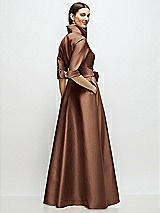 Rear View Thumbnail - Cognac 3/4 Sleeve Satin Shirt Dress Gown with Sash and Jeweled Buttons