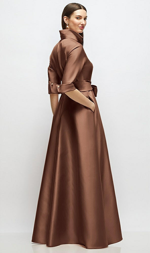 Back View - Cognac 3/4 Sleeve Satin Shirt Dress Gown with Sash and Jeweled Buttons