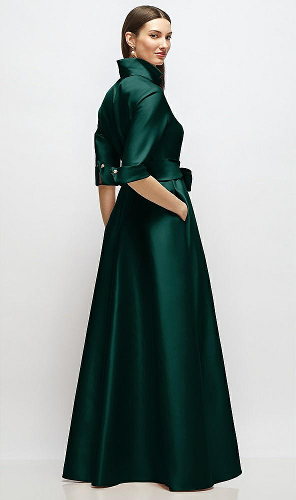 Back View - Evergreen 3/4 Sleeve Satin Shirt Dress Gown with Sash and Jeweled Buttons