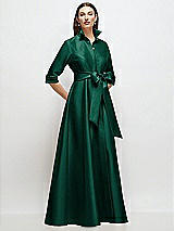 Front View Thumbnail - Hunter Green 3/4 Sleeve Satin Shirt Dress Gown with Sash and Jeweled Buttons